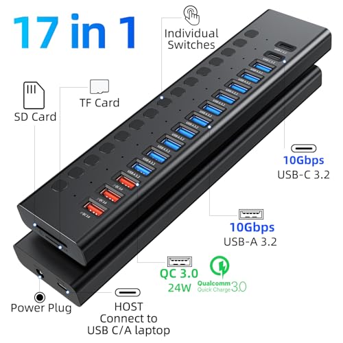Powered USB Hub 10Gbps, 17 Ports USB 3.2 Hub, 96W Power Adapter | 10 USB-A 3.2, 3 QC 24W Fast Charging, 2 USB-C 3.2, SD/TF, 12V/8A Power Adapter for Laptop, PC, Computer, HDD, Flash Drive - color: Black