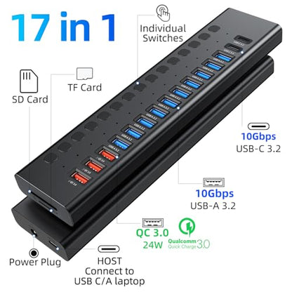 Powered USB Hub 10Gbps, 17 Ports USB 3.2 Hub, 96W Power Adapter | 10 USB-A 3.2, 3 QC 24W Fast Charging, 2 USB-C 3.2, SD/TF, 12V/8A Power Adapter for Laptop, PC, Computer, HDD, Flash Drive - color: Black
