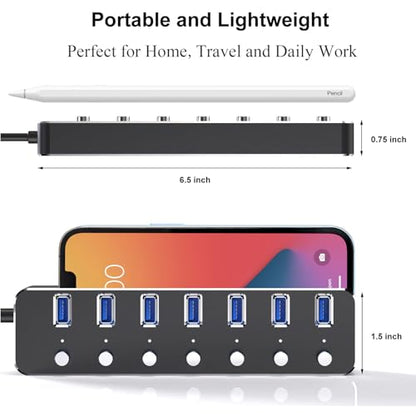 USB 3.0 Hub 7 Port USB Hub with 2ft Long Cable Aluminum USB Hub for Laptop and PC with Individual On/Off Switch and LED Indicator - color: Black