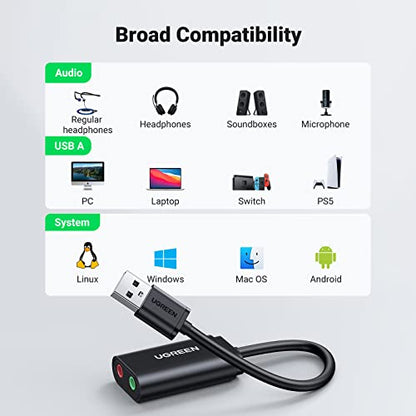 UGREEN Headphone Splitter 3.5mm 2 Female to 1 Male Mic and Audio Y Splitter TRRS Headset Adapter Bundle USB to Audio Jack Sound Card Adapter with Dual TRS 3-Pole Headphone and Microphone