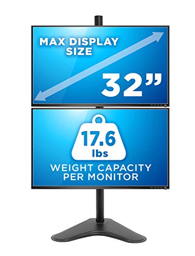 Mount-It! Vertical Dual Monitor Stand, Freestanding Stacked Monitor Mount for 2 Screens 17–32", Height Adjustable, Tilt Swivel Rotate, Portrait or Landscape, Holds 17.6 lbs per Arm, No Desk Clamp Needed