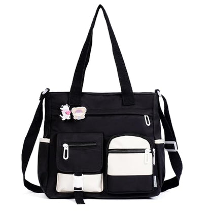 Phaoullzon Cute Messenger Bag Kawaii Crossbody Purse for Teen Shoulder Tote | Gifts for Girls/ Women, Nylon Japanese College Satchel Travel Work Gym Handbag - color: Black, style: Medium
