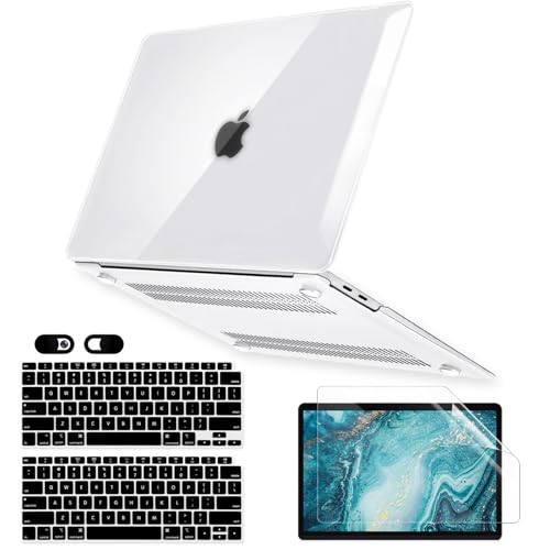 Crystal Clear Case for MacBook Air 13 inch M1 A2337 A2179 A1932 2022 2021-2018 Release with Touch ID Retina Display, 6 in 1 Plastic Hard Shell&Keyboard Cover&Screen Protector&Webcam Cover, Transparent - color: Clear