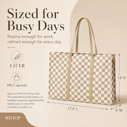 BTOOP Work Tote Bag for Women, Laptop Tote Bag With 15.6 Inch Padded Compartment, Teacher Nurse Bible Bags - color: B-checkered Brown