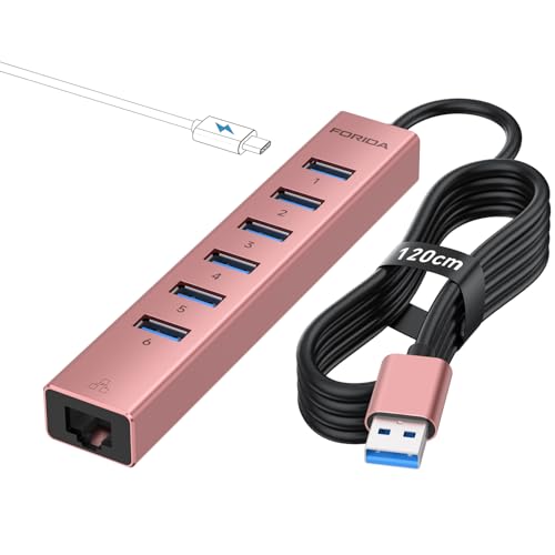 Aluminum USB 3.0 Adapter USB to Ethernet HUB with 120CM Long Cable for Laptop USB Extender with Gigabit Ethernet Port and 5V/3A Power Port 7 Ports USB Hub for iMac PC Flash Drives (Rose Gold) - color: Rose Gold