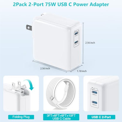 USB C MacBook Charger for MacBook Pro/MacBook Air 16 15 14 13 Inch 2025 2024 2023 2022 2021 2020 2019 M5 M4 M3 M2 M1,2Pack 75W USBC Laptop Power Adapter with 3+6+6+10ft USBC Cable for iPhone 17/16/15