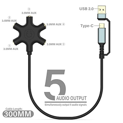 HIEbee USB A/C to Headphone Splitter, 5-Jack 3.5 mm Audio Headphone Stereo Audio Headset Adapter, Audio Earbuds Earphones Plug 5 Way 1 Male to 4 Female Splitter with 3.5mm Stereo Cable