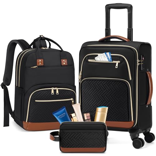 RAINSMORE Carry On Luggage with wheels, Softside Suitcases Set 3 Piece | 22x14x9 Airline Approved, Luggage Sets with Backpack & Toiletry Bag, Rolling Suitcase with TSA Lock, for Travel Weekender - color: Black-Brown