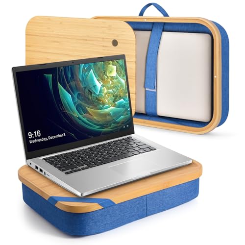 Mayjoy Bamboo Laptop Lap Desk with Storage, Removable Cover, Blue | Use laptops up to 15.6” on the bamboo top; store tablets, notebooks, mouse, cables, and pens inside. - color: Blue