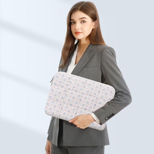 MOSISO 13-14 inch Laptop Case, 13.3 inch Puffy Laptop Sleeve Compatible with MacBook Air 13.6 M4 M3 M2 M1/Pro 13/Pro 14, HP Dell ASUS Lenovo, Square Quilted Carrying Bag with Small Case, Floral Grid