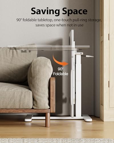 Overbed Table with Wheels, Pneumatic Lift, Foldable Top (White) | 0-70° Tilt Desktop Bedside Table, Hidden Casters,1.18 In Low-Profile Base Slides Under Beds and Sofas, Holds 88 Lbs - color: White
