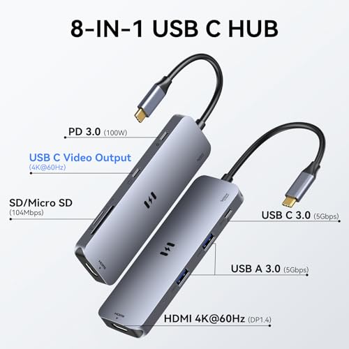USB-C Hub HDMI Adapter for MacBook Pro/Air, 8-in-1 USB-C Video Hub with HDMI 4K@60Hz, SD/TF, USB-C Data Port, 100W PD, USB 3.0, USB-C Dongle Compatible with Dell XPS/Lenovo Thinkpad/HP/Surface/Yoga - size: 8-in-1
