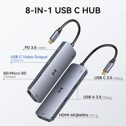 Selore USB-C Hub HDMI Adapter 8-in-1 USB-C Video Hub 4K@60Hz USB-C Dongle | USB-C Hub with HDMI, USB-C Data Port, 100W PD, Docking Station for MacBook Pro/Air Dell XPS/Lenovo Thinkpad/HP/Surface/Yoga