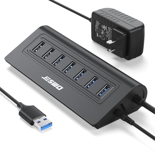 Powered USB Hub, JESWO 7-Port USB 3.0 Hub, Aluminum USB Data Hub with 3.3ft Cable, USB Hub 3.0 Powered with 20W Power Adapter for MacBook, Mac Pro/mini, iMac, XPS, PC, USB-Flash Drives, etc. (Black) - color: Black