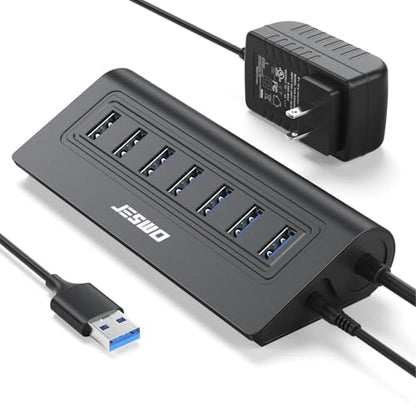 Powered USB Hub, JESWO 7-Port USB 3.0 Hub, Aluminum USB Data Hub with 3.3ft Cable, USB Hub 3.0 Powered with 20W Power Adapter for MacBook, Mac Pro/mini, iMac, XPS, PC, USB-Flash Drives, etc. (Black) - color: Black