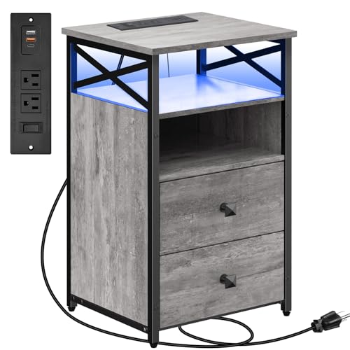 Livofloral LED Nightstand with Charging Station and Wood Drawers, Side Tables Living Room with Outlets, Farmhouse End Table with Storage, Bedside Table for Bedroom with LED Light, Gray - color: Grey, size: 1 Pack without Wireless Charging