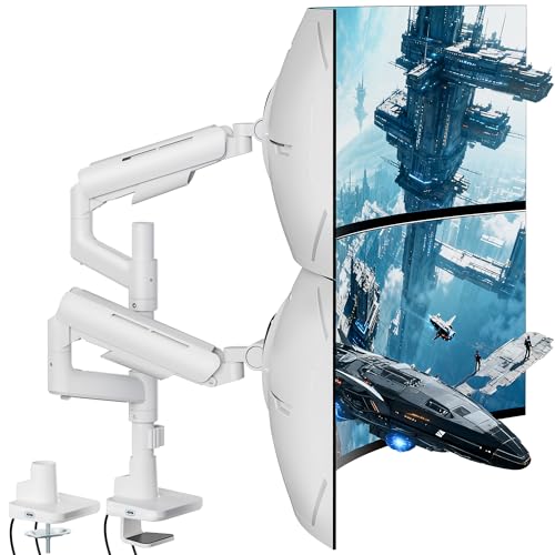 ARES WING Dual Monitor Mount with USB for 17-49 Inch Screen, White | Ultrawide Heavy Duty Computer Monitor Arm Desk Mount for Curved Screen, Gas Spring Adjustable Vesa Stand - color: White, style: With USB