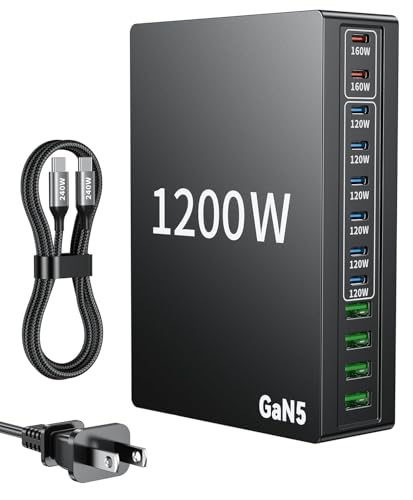 1200W USB C Charger Block Fast 12 Port MacBook Pro Charging Station | 140W PD PPS AVS HUB for All iPhone 17 Pro Max/17 Air/16 SE/Samsung Galaxy 26/ MacBook Pro/Air/iPad Pro/240W Cable - color: Black