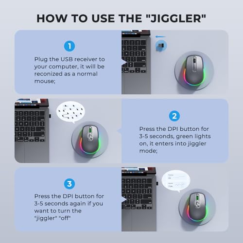 PEIOUS Wireless Mouse Jiggler - LED Wireless Mice with Build-in Mouse Mover, Rechargeable Moving Mouse for Laptop with Undetectable Random Movement Keeps Computers Awake - Space Grey - color: Space Grey