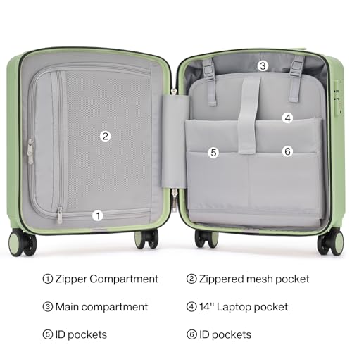 Hanke 16 Inch Underseat Small Carry On Luggage, Hard Shell with TSA Lock | PC Hard Shell, 14" Padded Laptop Pocket, Multi-Compartment, 8 Spinner Wheels, Lightweight, Short Trip - color: Bamboo Green, size: 16 Inch