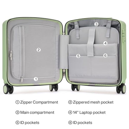 Hanke 16 Inch Underseat Small Carry On Luggage, Hard Shell with TSA Lock | PC Hard Shell, 14" Padded Laptop Pocket, Multi-Compartment, 8 Spinner Wheels, Lightweight, Short Trip - color: Bamboo Green, size: 16 Inch