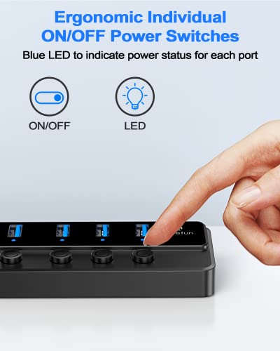 Qeefun Powered USB Hub, 7-Port USB 3.0 Data Extender with Individual LED On/Off Switches and 12V/2A Power Support Port, USB Splitter Expander for Laptop, Desktop PC, iMac and More - style: A to 7A