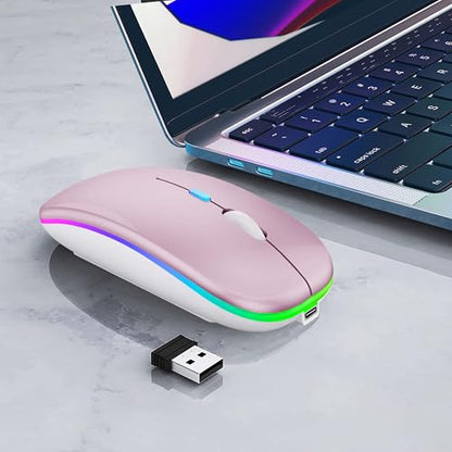 WREANU Wireless Bluetooth Mouse, Rechargeable Laptop Mice, Pink | LED Lights Silent Slim Dual Mode(BT5.2 and 2.4G Portable USB Receiver) Computer Mouse for Laptop/iPad/Tablet/Computer/Mac - color: Pink