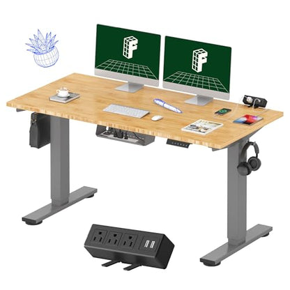 FLEXISPOT EN2 55"x28" Bamboo Electric Standing Desk with Power Strip | Solid Bamboo Desktop, Cable Management, Convenient Clamp Power Strip, And Clean Home Office Setup, Grey Frame - color: Bamboo Top + Grey Frame, size: 55x28"