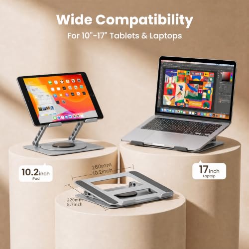 Aluminum Laptop Stand for Desk, Heavy Duty Computer Stand with 360° Rotating Base, Ergonomic Adjustable Height Notebook Riser, Compatible with MacBook Pro/Air, Dell, HP, 10-17” Laptops - Silver - color: Silver