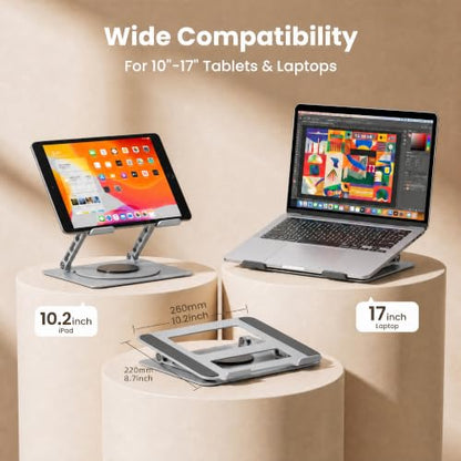 Aluminum Laptop Stand for Desk, Heavy Duty Computer Stand with 360° Rotating Base, Ergonomic Adjustable Height Notebook Riser, Compatible with MacBook Pro/Air, Dell, HP, 10-17” Laptops - Silver - color: Silver