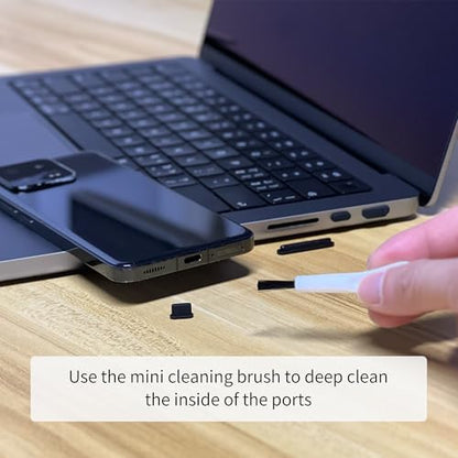 12 PCS Silicone Dust Plugs & Cleaning Brush, USB Port Dust Covers Compatible with iPhone 15 16 17,Kindle,MacBook,Mac mini,PS5,Includes USB-C, USB-A, HDMI, RJ-45, SD Slot and 3.5mm (Black) - color: Black
