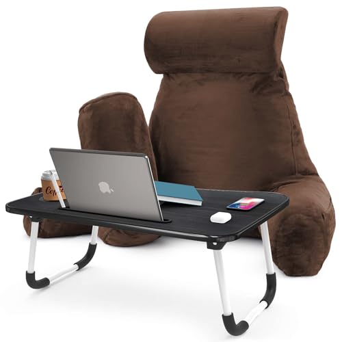 Nestl Reading Pillow with Portable Laptop Lap Desk - Shredded Memory Foam Back Support Pillow for Sitting Up in Bed and Couch Rest Pillows with Arms, Bed Tray Table with Foldable Legs, Brown - color: Brown, size: Large