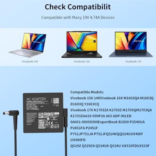 90W Laptop Charger Compatible with Asus Vg27aq Vg32vq Vg279qm K53 K53B K53BY K53E Q524Uq Q534Ux Q524Uq-Bbi7T1 Q524Uq U500V Adp-90Le B Laptop Power Adapter
