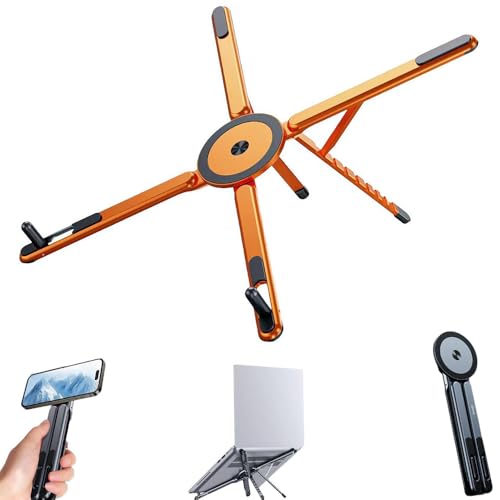 Portable Laptop Stand for Travel & Desk, Foldable 4-in-1 Aluminum Adjustable Computer Riser with Magnetic Phone Holder Laptop Stand Portable Foldable for Desk (Orange) - color: Orange