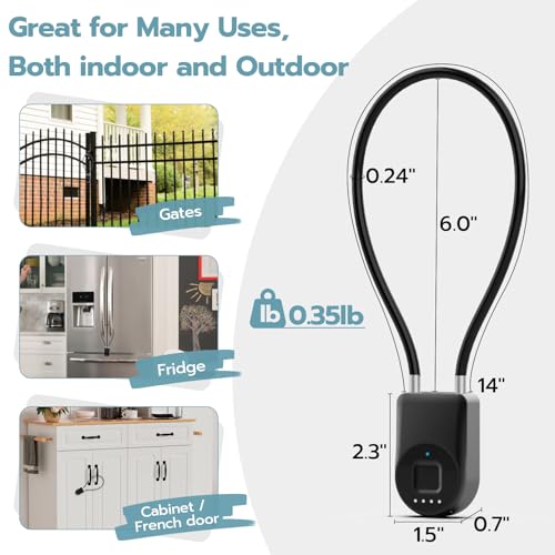 Fingerprint Cable Lock, Fridge Locks with Fingerprint Bluetooth APP Control, Smart Biometric Waterproof Child-Proof Refrigerator Lock for Kids & Adults Fridge French Door Cabinet Gate - color: Black