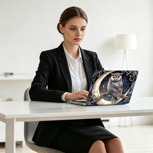 Universal Laptop Skin Decal, 3-Piece Vinyl Protector for 12 13 14 15.6" Notebook, Waterproof Anti-Scratch, Easy Trim & Bubble-Free Finish, Owl Crescent Moon - color: Owl Crescent Moon