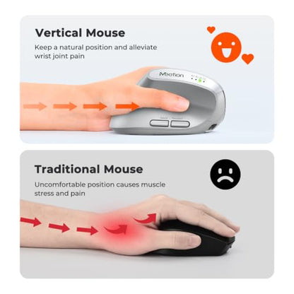 MEETION Left-Handed Ergonomic Vertical Mouse, Wireless, Rechargeable, Gray | Dual-mode connectivity via Bluetooth 5.2, Bluetooth 3.0 and USB. 4 adjustable DPI (800–2400) for Windows, Mac, PC and iPad - color: Left Gray