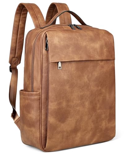 MASINTOR 15.6 inch PU Leather Laptop Backpack Purse for Women | College Laptop Backpack, Spacious Main Compartment, Luggage Strap & Padded Sleeve, Ideal for Campus, Commute & Travel - color: Mocha Brown