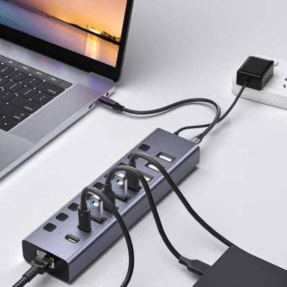 9 In1USB C Hub Aluminum Port USB 3.0 Data Hub Splitter Individual On/Off Switches for Pc Laptop US Plug