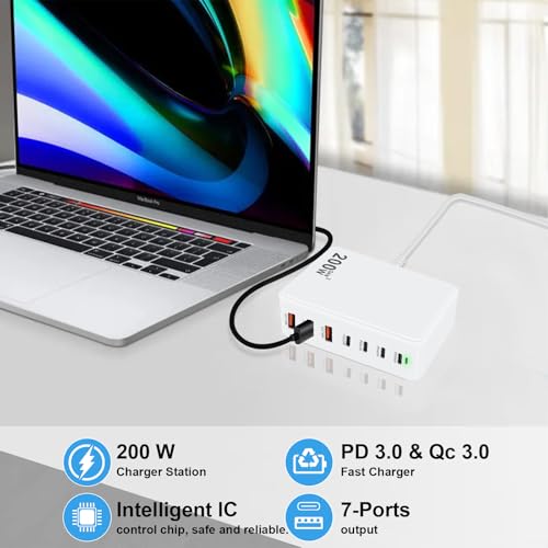 USB C Charger Station 200W PD QC3.0 GaN Fast Charging Block 7 Port (White) | Compatible with Laptop MacBook Pro/Air, iPad, iPhone 17/16/15 Pro/Air Mini, Galaxy S23/22, DELL, Steam Deck - color: white