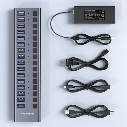 ACASIS Powered 16 Ports USB 3.2 Hub, 10Gbps Data Transfer, 96W Adapter | Individual On/Off Switch for Each Port • Aluminum Housing • Better Heat Dissipation • Plug & Play - size: 16 ports