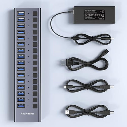 ACASIS Powered 16 Ports USB 3.2 Hub, 10Gbps Data Transfer, 96W Adapter | Individual On/Off Switch for Each Port • Aluminum Housing • Better Heat Dissipation • Plug & Play - size: 16 ports