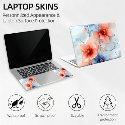 Elegant Blue and Pink Hibiscus Floral Universal Laptop Skin Sticker 3PCS,Protective Decal Trim-to-Fit 11.6" 13.3" 14" 15.6" Laptop Vinyl Cover,Removable Anti-Scratch Computer Decal Protector - color: Elegant Blue and Pink Hibiscus Floral