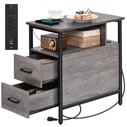Side Table, Gray End Tables with Charging Station, Narrow End Table with Wooden Drawers, USB Ports and Power Outlets, Nightstand and Bedside Table, Side Table Living Room, Bedroom - color: Light Gray