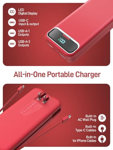 Nusyddy Portable Charger 20000mAh Fast Charging w/Built-in Wall Plug Red | 22.5W Fast Charging, High Capacity, LED Display, Charge 5 Devices at once, TSA Approved, Compatible with iPhone/Samsung - color: Crimson