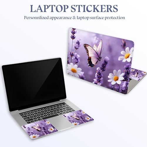 Universal Laptop Skin Sticker Decal, 15.6 Inch Laptop Vinyl Cover for 13"-15.6" Laptop, Waterproof Scratch-Resistant Protector Wrap,Reusable with Wrist Pads,Purple Butterfly Lavender Daisies - color: Purple Butterfly Lavender Daisies