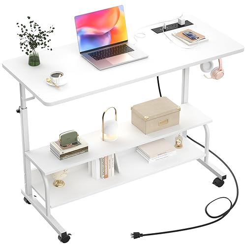 39" Rolling Standing Desk with Charging Station for Couch Bed | Height Adjust 27.5-41", 2 AC/3 USB, Mobile 4 Lockable Wheels, 2-tier Shelves Hook, Safe Corner Fast Assembly - color: White, size: 39''