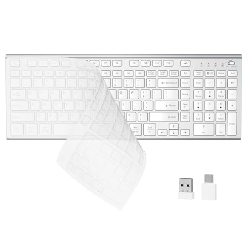 FENIFOX Wireless Silent Keyboard, Ultra Quiet USB C Low Profile Compact Full Size with Number Pad Flat Slim Thin Soft Touch for Mac Computer MacBook iMac PC Laptop Desktop Office (White and Silver) - color: White and Silver