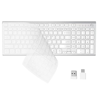 FENIFOX Wireless Silent Keyboard, Ultra Quiet USB C Low Profile Compact Full Size with Number Pad Flat Slim Thin Soft Touch for Mac Computer MacBook iMac PC Laptop Desktop Office (White and Silver) - color: White and Silver