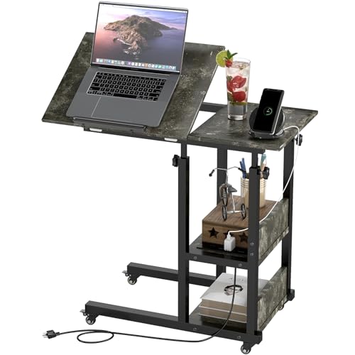 Hadulcet Adjustable C Table with Charging Station, Tiltable Desk C Shaped End Table for Couch, Over Bed Table with Wheels Adjustable Height, Laptop Stand Drawing Desk, Marble Grey - color: Marble Grey, style: Upgrade